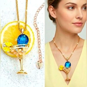 Gold plated blue and white crystal lemon martini glass necklace